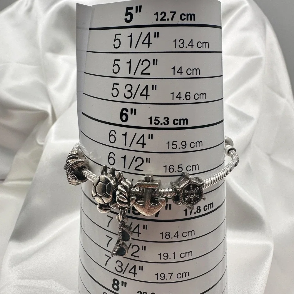 Vintage 80s Beach Charm Bracelet Silver Tone Starfish Turtle Ship‎ Wheel Jewelry